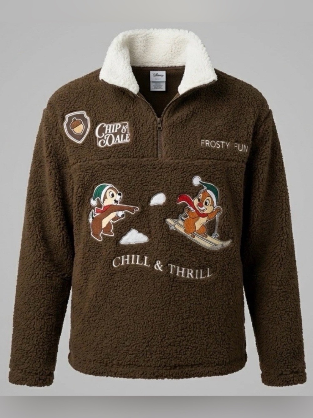 NWT Disney Chip & Dale Sherpa Fleece Quarter Zip Pullover Brown Frosty Fun L New